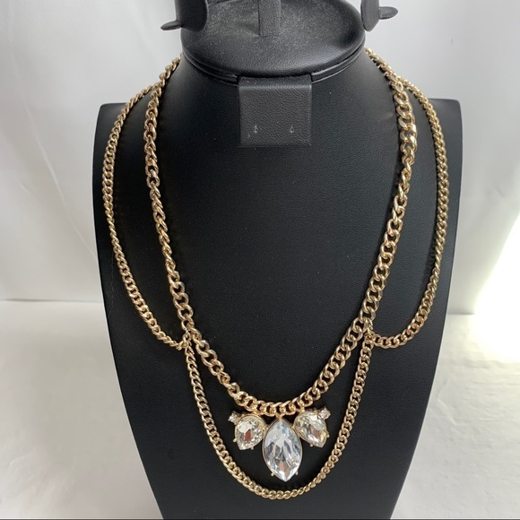 Cascading Crystal Statement Necklace On Gold Tone Tiered Chains - Picture 1 of 6